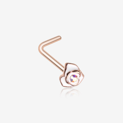 Rose Gold White Rose Blossom Sparkle L-Shaped Nose Ring-Aurora Borealis