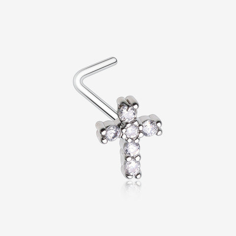 Brilliant Sparkle Cross Multi-Gem L-Shaped Nose Ring-Clear Gem