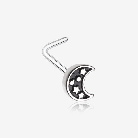 Midnight Crescent Moon Inner Stars L-Shaped Nose Ring-Black