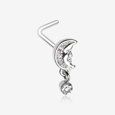 Vintage Crescent Moon Face Sparkle Dangle L-Shaped Nose Ring-Clear Gem