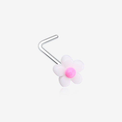 Kawaii Pop White Pink Flower L-Shaped Nose Ring-White/Pink