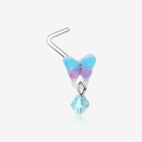 Kawaii Pop Blurple Butterfly Sparkle Dangle L-Shaped Nose Ring-Aqua/Purple