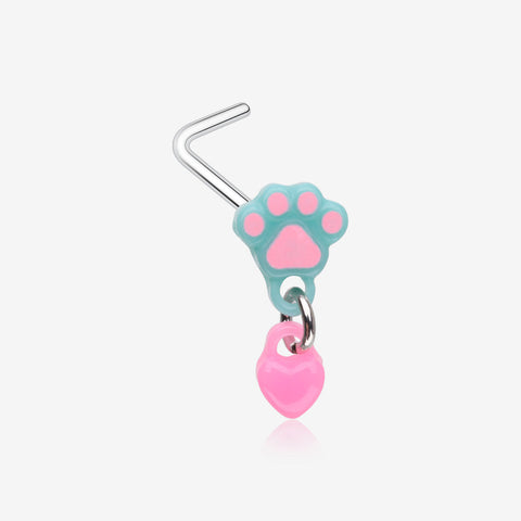 Kawaii Pop Paw Heart Dangle L-Shaped Nose Ring-Light Blue/Pink