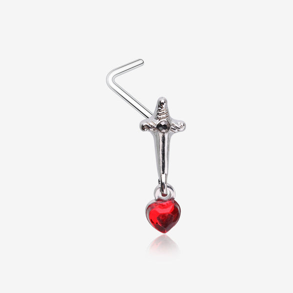 Royal Dagger Blood Red Heart Gem Dangle L-Shaped Nose Ring-Hematite/Red