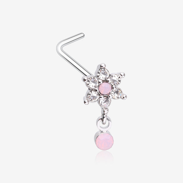 Brilliant Rose Pink Flower Sparkle Dangle L-Shaped Nose Ring-Rose Water Opal/Clear Gem