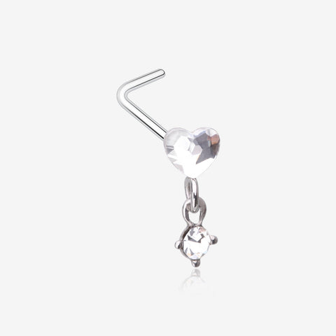 Heart Gem Sparkle Dangle L-Shaped Nose Ring-Clear Gem