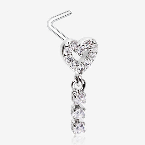 Sparkle Heart Loop Dangle Gem Drop L-Shaped Nose Ring-Clear Gem