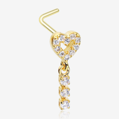 Golden Sparkle Heart Loop Dangle Gem Drop L-Shaped Nose Ring-Clear Gem