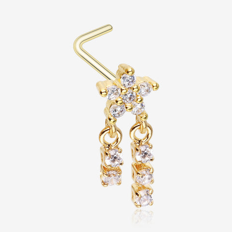 Golden Sparkle Flower Dangle Gem Drop L-Shaped Nose Ring-Clear Gem