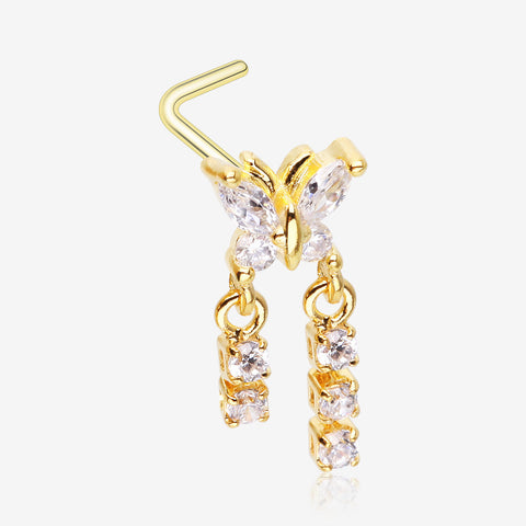 Golden Butterfly Sparkle Dangle Gem Drop L-Shaped Nose Ring-Clear Gem