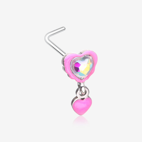 Pink Power Iridescent Puffy Heart Dangle L-Shaped Nose Ring-Pink/Aurora Borealis