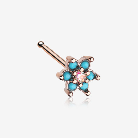 Rose Gold Spring Flower Turquoise Sparkle Nose Stud Ring-Aurora Borealis/Turquoise