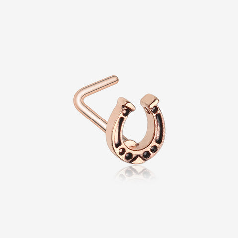 Rose Gold Lucky Horseshoe L-Shaped Nose Ring-Rose Gold