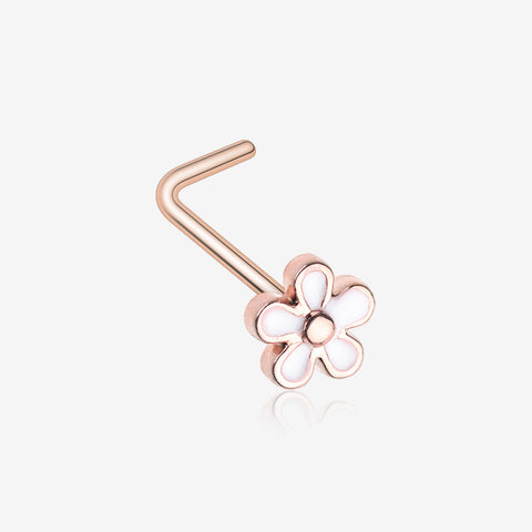 Rose Gold White Plumeria L-Shaped Nose Ring