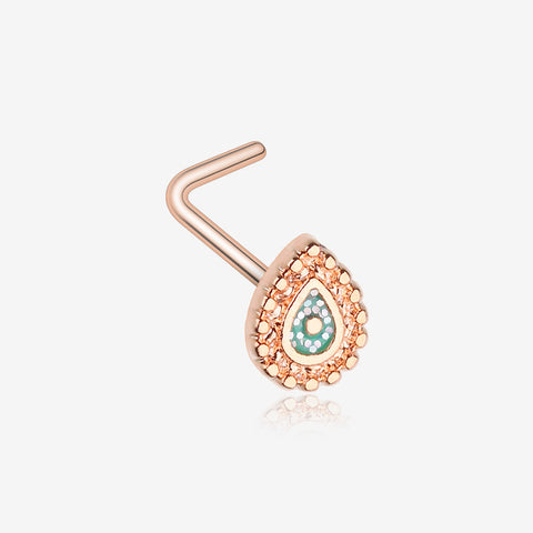 Rose Gold Mandala Ornate Sparkle L-Shaped Nose Ring-Teal