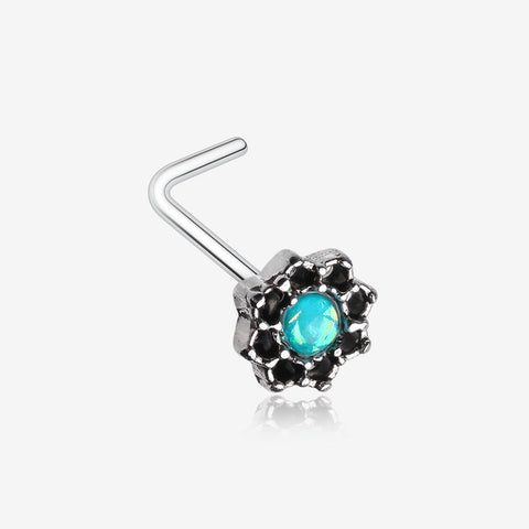 Lotus Opal Sparkle Filigree Icon L-Shaped Nose Ring-Teal