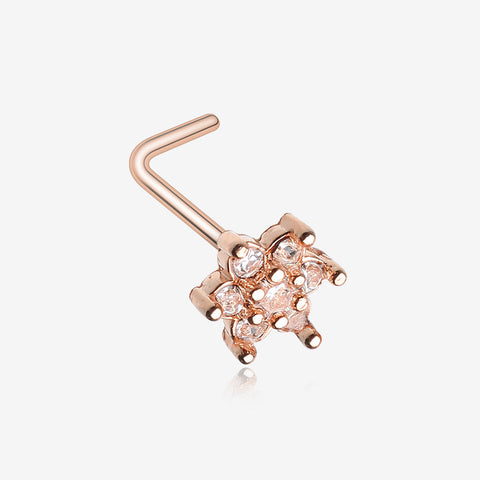 Rose Gold Spring Flower Sparkle Prong Set L-Shaped Nose Ring-Clear Gem