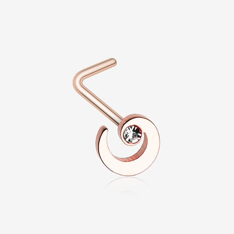 Rose Gold Spiral Swirl Sparkle L-Shaped Nose Ring-Clear Gem