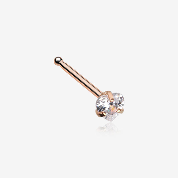 Rose Gold Heart Prong Set Gem Top Nose Stud Ring-Clear Gem