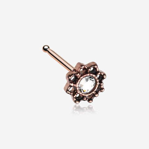 Rose Gold Lotus Flower Filigree Sparkle Icon Nose Stud Ring-Clear Gem