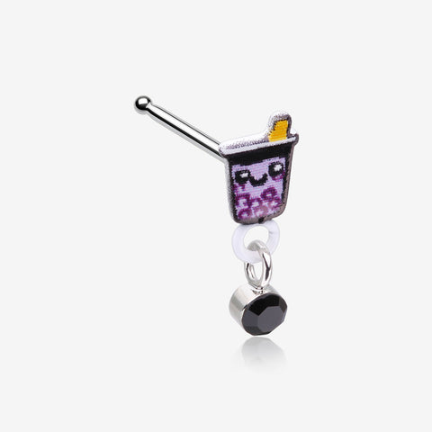 Cute Boba Tapioca Drink Sparkle Dangle Nose Stud Ring-Black