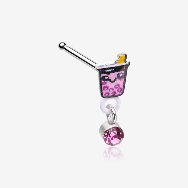 Cute Boba Tapioca Drink Sparkle Dangle Nose Stud Ring-Pink