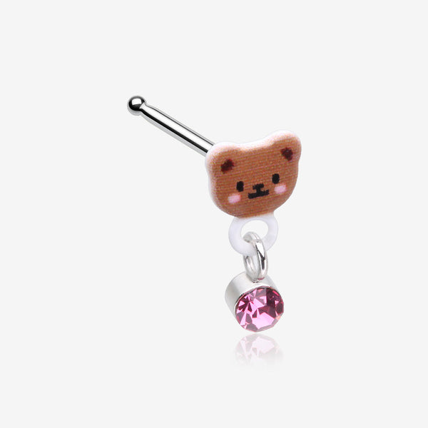 Adorable Teddy Bear Sparkle Dangle Nose Stud Ring-Pink