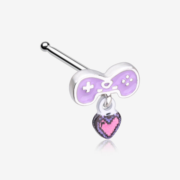 Retro Gamer Controller 8-Bit Pixel Heart Dangle Nose Stud Ring-Purple