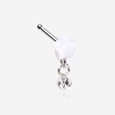 Kawaii Pop Fluffy Star Dangle Sparkle Nose Stud Ring-White/Clear Gem