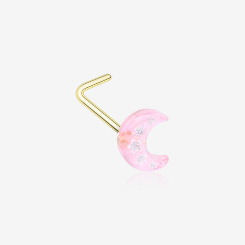 Golden Kawaii Pop Moon Glitter Sparkle L-Shaped Nose Ring-Pink/White