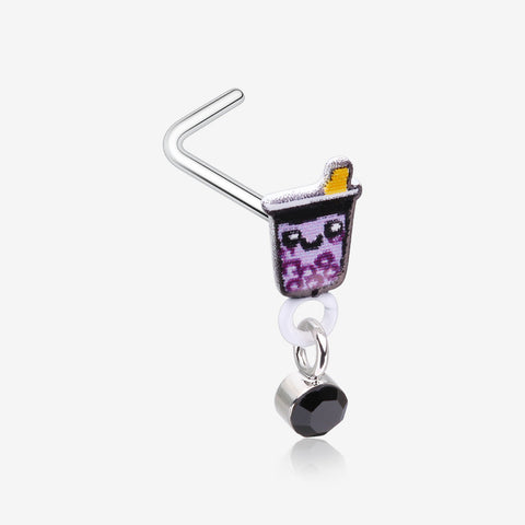 Cute Boba Tapioca Drink Sparkle Dangle L-Shaped Nose Ring-Black