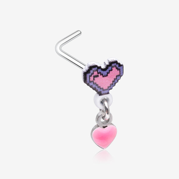 8-Bit Pixel Heart Dangle Gamer L-Shaped Nose Ring-Pink