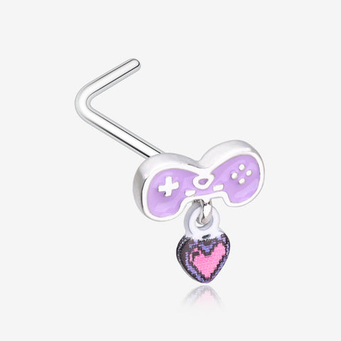 Retro Gamer Controller 8-Bit Pixel Heart Dangle L-Shaped Nose Ring-Purple