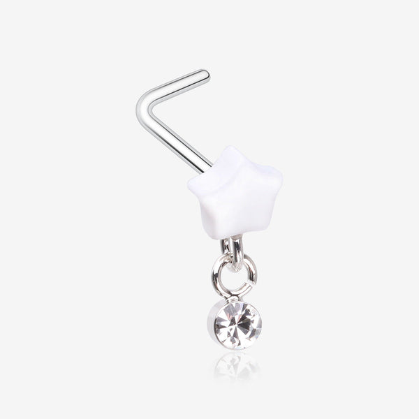 Kawaii Pop Fluffy Star Dangle Sparkle L-Shaped Nose Ring-White/Clear Gem