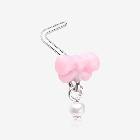 Kawaii Pop Fluffy Bow-Tie Pearlescent Dangle L-Shaped Nose Ring-Pink/White