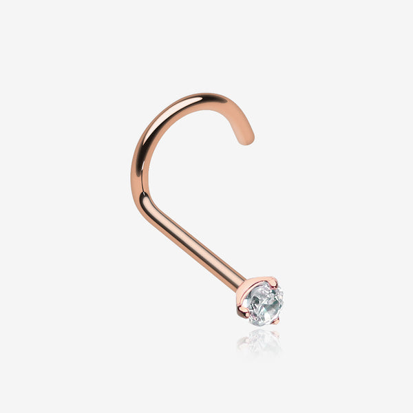 Rose Gold Prong Set Gem Top Steel Nose Screw Ring-Clear Gem