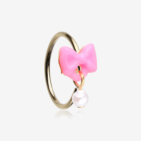 Golden Kawaii Pop Bow-Tie Pearl Dangle Bendable Hoop Ring-Pink/White