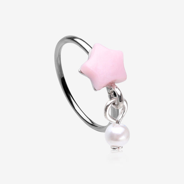 Kawaii Pop Fluffy Star Pearlescent Dangle Bendable Hoop Ring-Pink/White