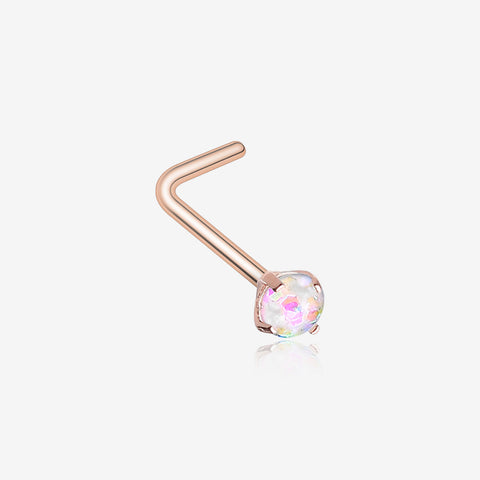 Rose Gold Opal Sparkle Prong Set L-Shaped Nose Ring-White