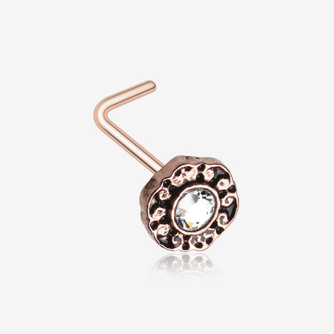 Rose Gold Luna Filigree Sparkle Icon L-Shaped Nose Ring-Clear Gem