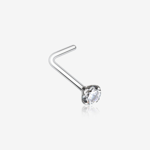 Prong Set Gem Top Steel L-Shaped Nose Ring-Clear Gem