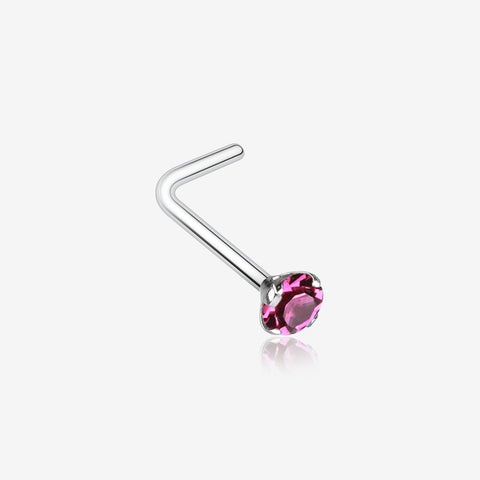 Prong Set Gem Top Steel L-Shaped Nose Ring-Fuchsia