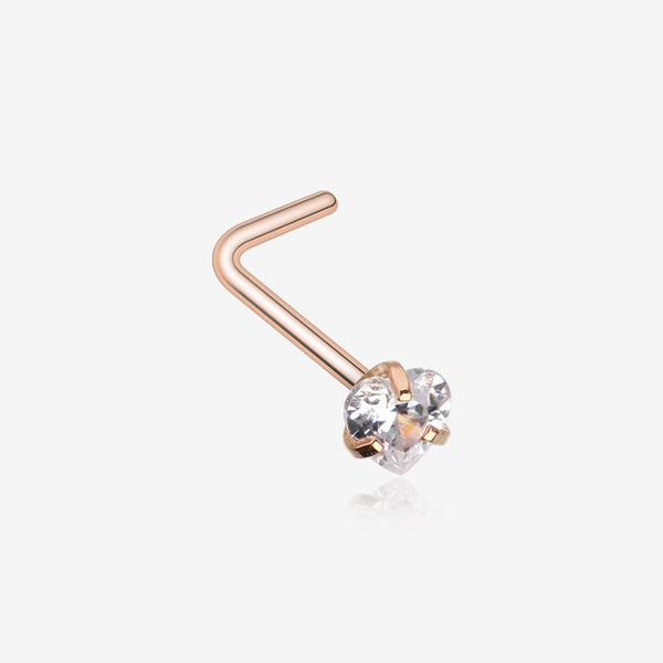 Rose Gold Heart Prong Set Gem Top L-Shaped Nose Ring-Clear Gem