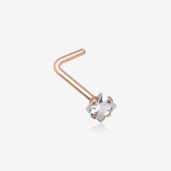 Rose Gold Square Prong Set Gem Top L-Shaped Nose Ring-Clear Gem