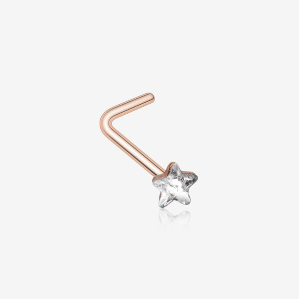 Rose Gold Star Sparkle L-Shaped Nose Ring-Clear Gem