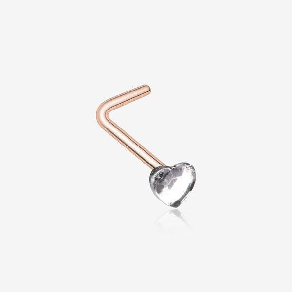 Rose Gold Heart Sparkle L-Shaped Nose Ring-Clear Gem