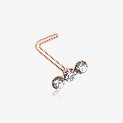 Rose Gold Triple Linear Gem L-Shaped Nose Ring-Clear Gem