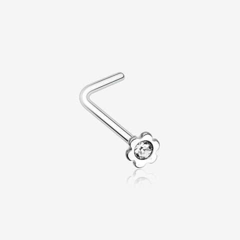 Flower Icon Sparkle L-Shaped Nose Ring-Clear Gem