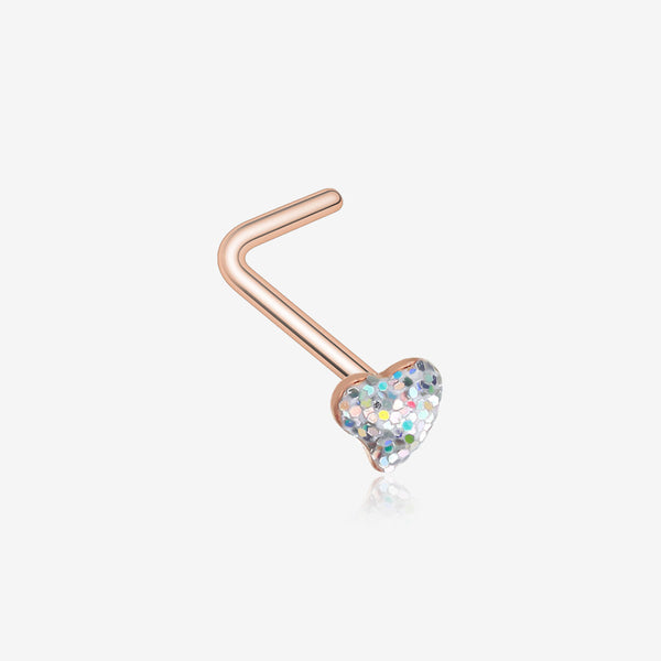 Rose Gold Heart Glitter Sparkle L-Shaped Nose Ring-Aurora Borealis