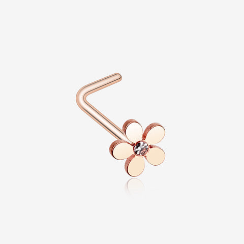 Rose Gold Grand Plumeria L-Shaped Nose Ring-Clear Gem